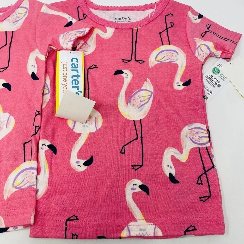 Carters Baby Girls 12/18 Months Lot of 2 Pajama Tops in Pink Flamingo Print 1067